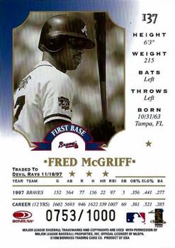 1998 Leaf - Fractal Materials #137 Fred McGriff Back