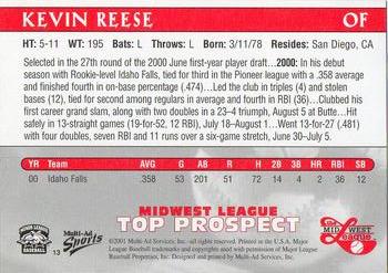 2001 Multi-Ad Midwest League Top Prospects #13 Kevin Reese Back