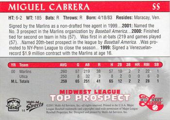 2001 Multi-Ad Midwest League Top Prospects #14 Miguel Cabrera Back