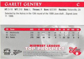 2001 Multi-Ad Midwest League Top Prospects #18 Garett Gentry Back