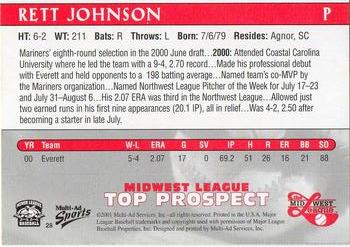 2001 Multi-Ad Midwest League Top Prospects #28 Rett Johnson Back