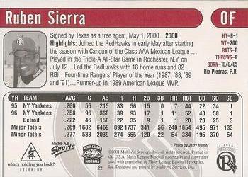 2001 Multi-Ad Oklahoma RedHawks #22 Ruben Sierra Back