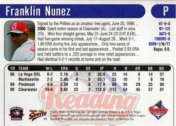 2001 Multi-Ad Reading Phillies #13 Franklin Nunez Back