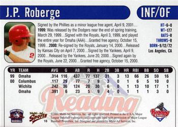 2001 Multi-Ad Reading Phillies #16 J.P. Roberge Back