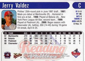 2001 Multi-Ad Reading Phillies #21 Jerry Valdez Back