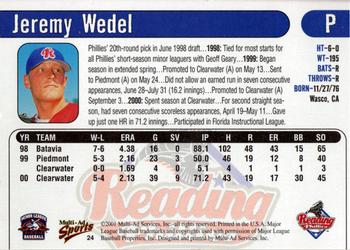 2001 Multi-Ad Reading Phillies #24 Jeremy Wedel Back