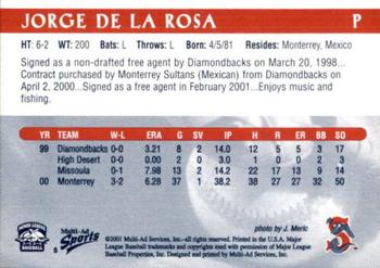 2001 Multi-Ad Sarasota Red Sox #5 Jorge De La Rosa Back