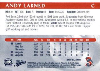 2001 Multi-Ad Sarasota Red Sox #6 Andy Larned Back
