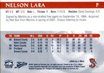 2001 Multi-Ad Sarasota Red Sox #20 Nelson Lara Back