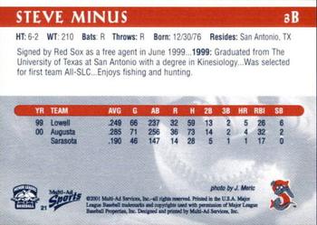 2001 Multi-Ad Sarasota Red Sox #21 Steve Minus Back