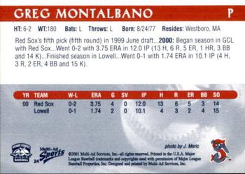 2001 Multi-Ad Sarasota Red Sox #24 Greg Montalbano Back