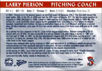 2001 Multi-Ad Sarasota Red Sox #30 Larry Pierson Back