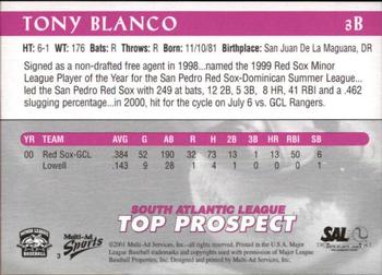 2001 Multi-Ad South Atlantic League Top Prospects #3 Tony Blanco Back