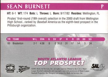 2001 Multi-Ad South Atlantic League Top Prospects #6 Sean Burnett Back