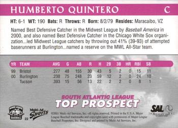 2001 Multi-Ad South Atlantic League Top Prospects #22 Humberto Quintero Back