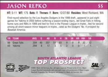 2001 Multi-Ad South Atlantic League Top Prospects #23 Jason Repko Back