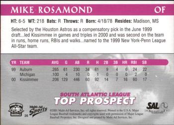 2001 Multi-Ad South Atlantic League Top Prospects #26 Mike Rosamond Back