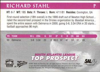 2001 Multi-Ad South Atlantic League Top Prospects #29 Richard Stahl Back