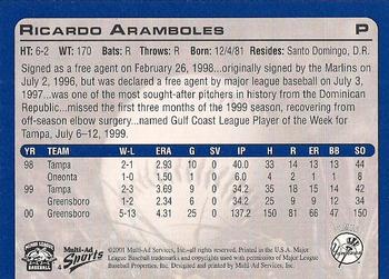 2001 Multi-Ad Tampa Yankees #4 Ricardo Aramboles Back