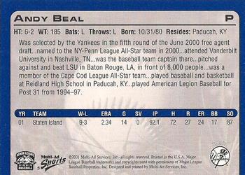 2001 Multi-Ad Tampa Yankees #5 Andy Beal Back