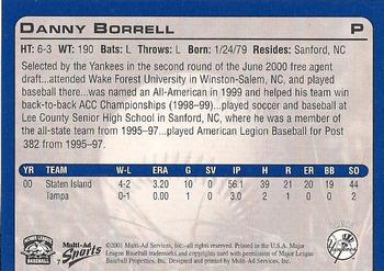 2001 Multi-Ad Tampa Yankees #7 Danny Borrell Back