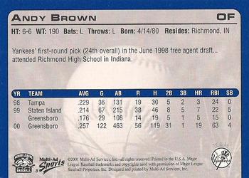 2001 Multi-Ad Tampa Yankees #8 Andy Brown Back
