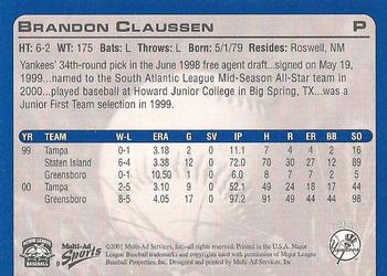 2001 Multi-Ad Tampa Yankees #9 Brandon Claussen Back
