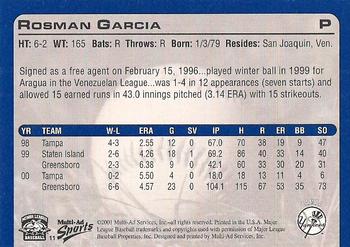 2001 Multi-Ad Tampa Yankees #11 Rosman Garcia Back