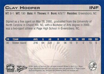 2001 Multi-Ad Tampa Yankees #12 Clay Hooper Back