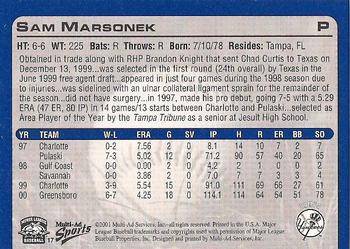 2001 Multi-Ad Tampa Yankees #17 Sam Marsonek Back