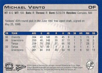 2001 Multi-Ad Tampa Yankees #25 Michael Vento Back