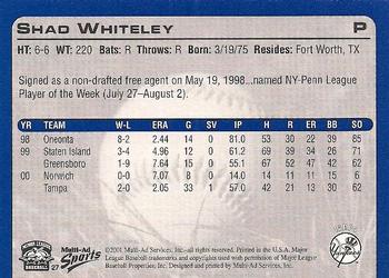 2001 Multi-Ad Tampa Yankees #27 Shad Whiteley Back