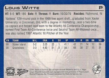 2001 Multi-Ad Tampa Yankees #29 Louis Witte Back