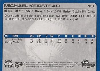 2001 Multi-Ad Wilmington Waves #13 Michael Keirstead Back
