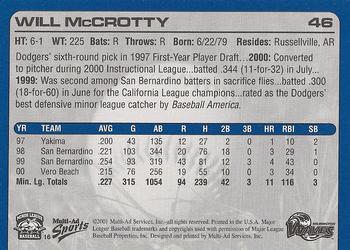 2001 Multi-Ad Wilmington Waves #16 Will McCrotty Back