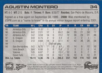 2001 Multi-Ad Wilmington Waves #18 Agustin Montero Back