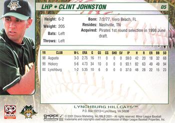 2001 Choice Lynchburg Hillcats #05 Clint Johnston Back