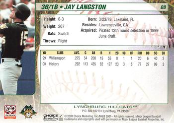 2001 Choice Lynchburg Hillcats #08 Jay Langston Back