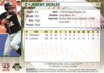 2001 Choice Lynchburg Hillcats #11 Jeremy Sickles Back