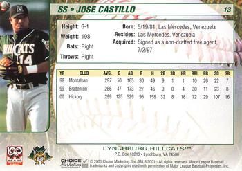 2001 Choice Lynchburg Hillcats #13 Jose Castillo Back