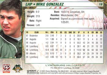 2001 Choice Lynchburg Hillcats #19 Mike Gonzalez Back