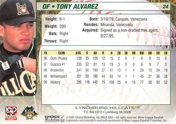 2001 Choice Lynchburg Hillcats #24 Tony Alvarez Back