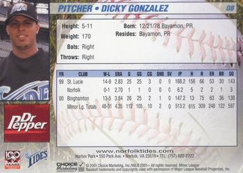 2001 Choice Norfolk Tides #08 Dicky Gonzalez Back