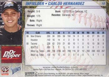 2001 Choice Norfolk Tides #10 Carlos Hernandez Back