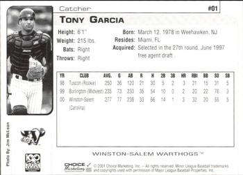 2001 Choice Winston-Salem Warthogs #01 Tony Garcia Back