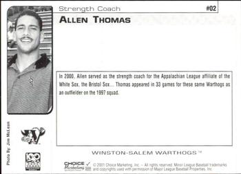 2001 Choice Winston-Salem Warthogs #02 Allen Thomas Back
