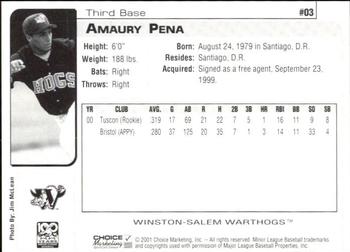 2001 Choice Winston-Salem Warthogs #03 Amaury Pena Back