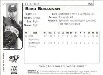 2001 Choice Winston-Salem Warthogs #04 Brad Bohannan Back