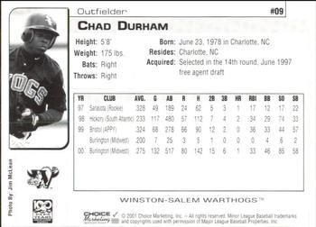 2001 Choice Winston-Salem Warthogs #09 Chad Durham Back