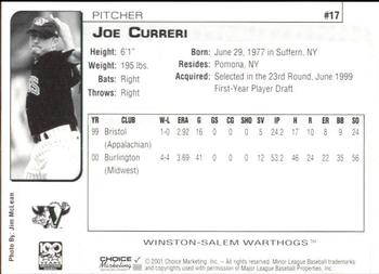 2001 Choice Winston-Salem Warthogs #17 Joe Curreri Back